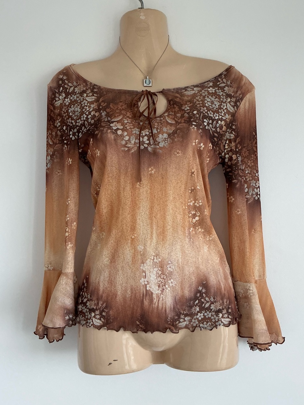 Vintage y2k 90s brown floral ruffle quarter sleeve tie fitted top orange 70s